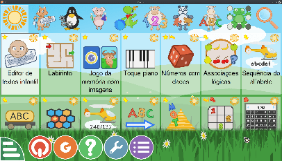 Imagem da interface do GCompris mostrando as várias atividades.