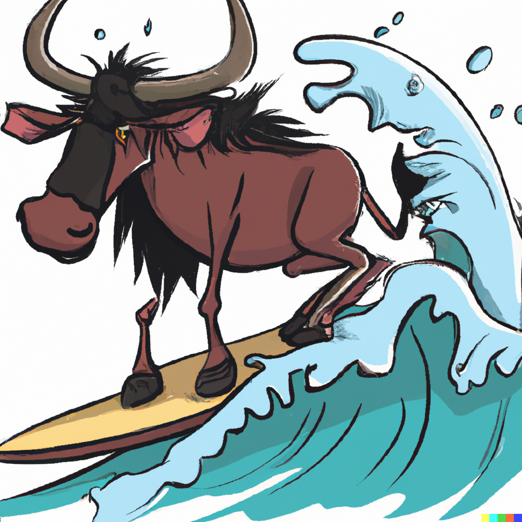 [Cartoon of a gnu surfing a big wave] 