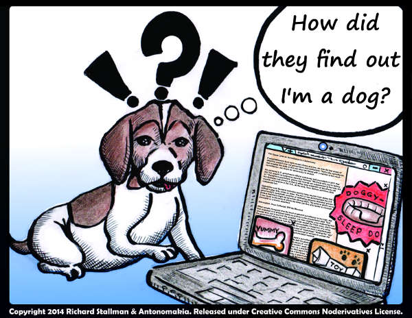 コンピュータの画面に現れた三つの広告を訝る犬の漫画...