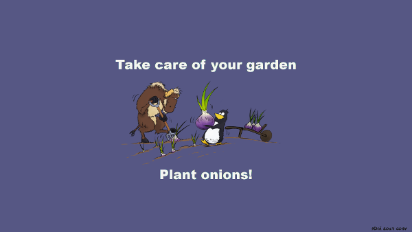  [Gnu and Tux plant onions] 