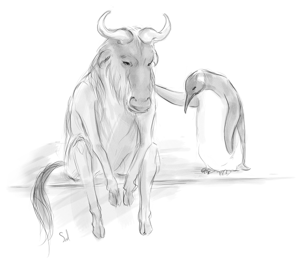  [Very sad GNU and Tux, with Tux patting GNU on the back] 
