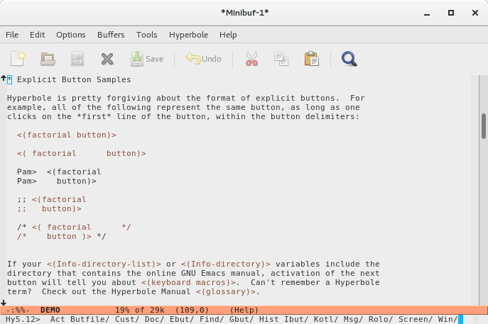 Hyperbole Minibuffer Menu and Demonstration Screenshot