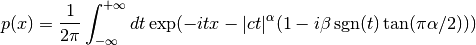 p(x) = {1 \over 2 \pi} \int_{-\infty}^{+\infty} dt \exp(-it x - |c t|^\alpha (1-i \beta \sgn(t) \tan(\pi\alpha/2)))