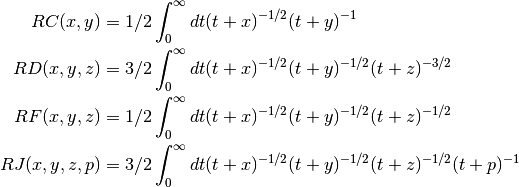 RC(x,y)   &= 1/2 \int_0^\infty dt (t+x)^{-1/2} (t+y)^{-1} \\
RD(x,y,z) &= 3/2 \int_0^\infty dt (t+x)^{-1/2} (t+y)^{-1/2} (t+z)^{-3/2} \\
RF(x,y,z) &= 1/2 \int_0^\infty dt (t+x)^{-1/2} (t+y)^{-1/2} (t+z)^{-1/2} \\
RJ(x,y,z,p) &= 3/2 \int_0^\infty dt (t+x)^{-1/2} (t+y)^{-1/2} (t+z)^{-1/2} (t+p)^{-1}