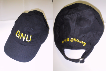  [Baseball cap inscribed with 'GNU'] 