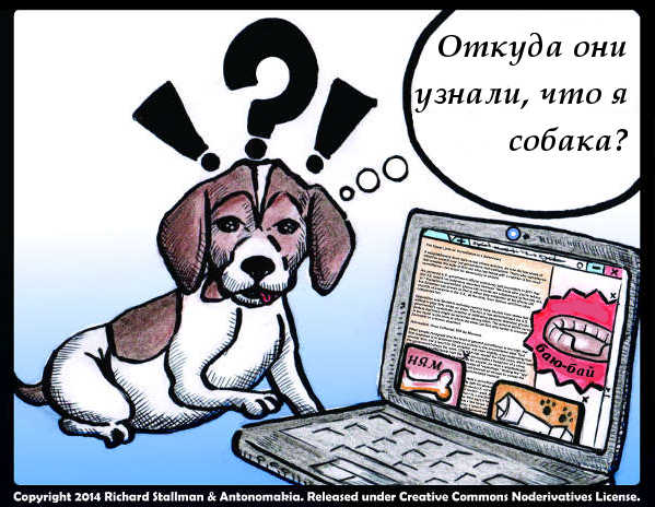 Карикатура: собака с удивлением смотрит на рекламу, выскочившую на экране ее
компьютера