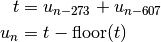 t &= u_{n-273} + u_{n-607} \\
u_n  &= t - \hbox{floor}(t)