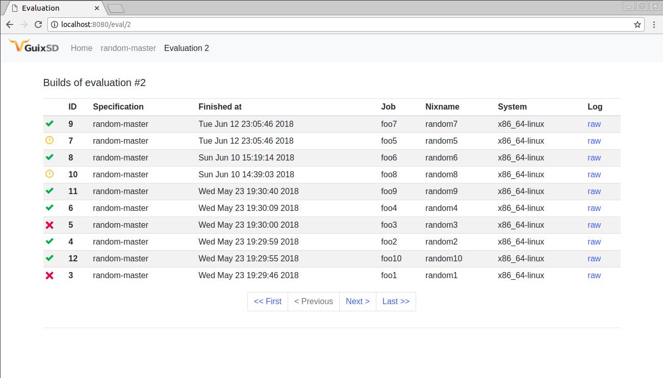 Screenshot of builds list