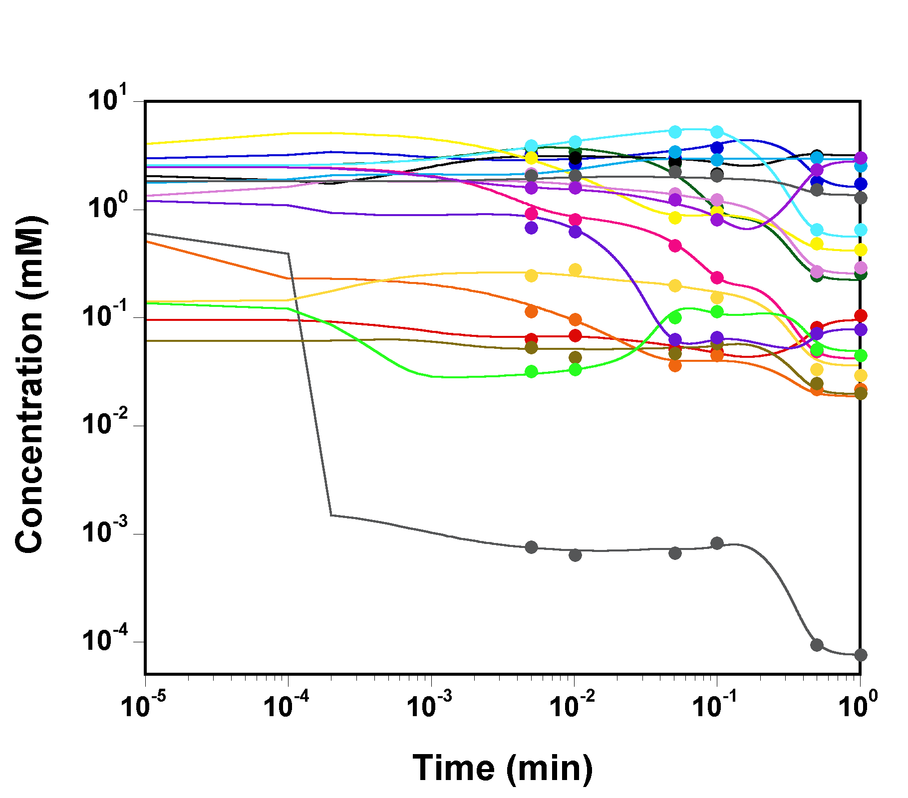 Simulated time course of the model's chemical species